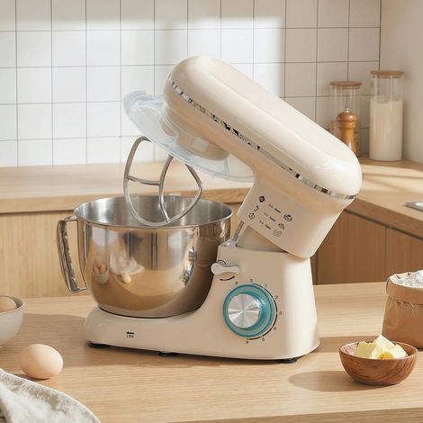 Robot pâtissier 4,5 L 1300 W 6 vitesses, bol en acier inoxydable, fouet, crochet, bâtonnet, beige