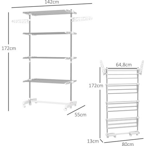 Étendoir à linge mobile à roulettes, 4 niveaux, pliable, en acier inoxydable, antirouille, blanc et argent, 142 x 55 x 172 cm (1/5)