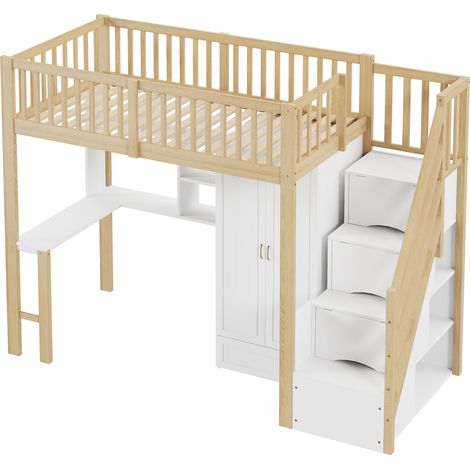 Cama alta 90 x 200 cm con armario escritorio estantería y escalera de almacenaje (1/5)