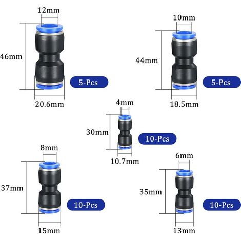 40 Stück gerade pneumatische Reduzierstücke 4, 6, 8, 10, 12 mm Außendurchmesser, Kunststoff-Schnellkupplungen für Druckluftschläuche (1/5)
