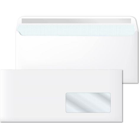 Buste di carta bianca americane, buste DL (115 x 225 mm) con finestra destra, buste di carta bianche per lettere, carta lettere e buste 90 g/m2, chiusura autoadesiva - Ofituria (2000 pezzi) (1/5)