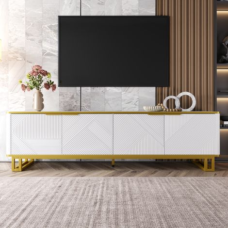 MODFU - Mobile porta TV a 4 ante con rilievo geometrico, struttura in MDF + metallo, 160x37,5x48 cm, bianco e oro (1/5)
