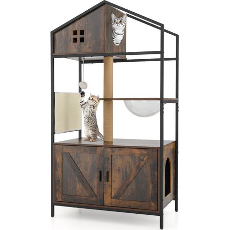 Meuble pour Chat avec Compartiment pour Bac à Litière, Poteaux à Gratter et Tapis, Capsule Transparente, Balle Suspendue, Aérations (1/2)