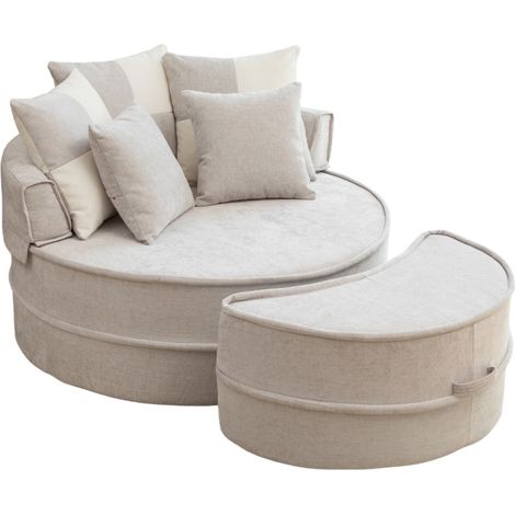 Fauteuil rond en chenille gris avec 5 coussins et ottomane pour salon et chambre (1/5)