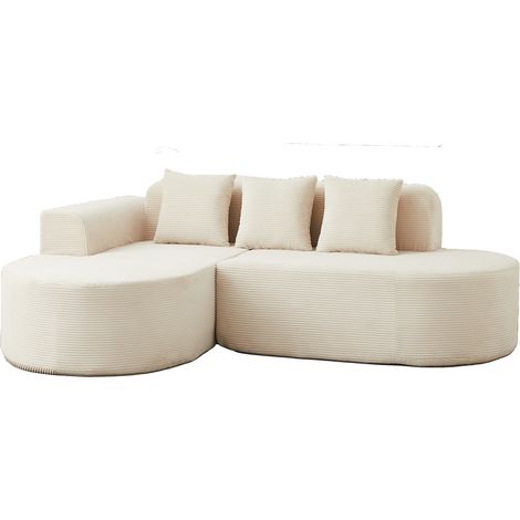 Canapé d’angle en L beige en velours côtelé, canapé 4 places de 220 cm avec méridienne arrondie et coussins, style moderne (1/5)