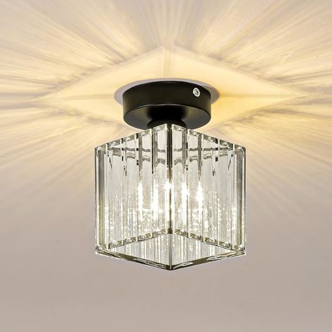 Mini lustre en cristal - Plafonnier moderne semi-encastré - Convient aux couloirs, cuisines, chambres, bars - Noir, carré, 1 pièce