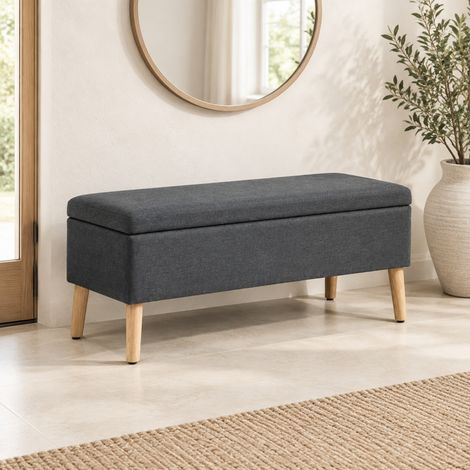 Gepolsterte Sitzbank mit Stauraum, 110 x 39 x 45 cm, Leinenoptik, Polyester, Dunkelgrau (1/5)