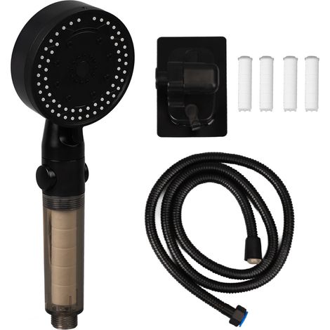 Multifunktionaler Booster-Duschkopf mit 10 Modi, 1/2-Zoll-Gewindeanschluss, inklusive 1,5 Meter Schlauch, drehbarem Doppelhakenfuß, 4 Filterschwämmen, schwarz.