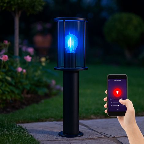 Smart RGB LED Stehlampe Garten dimmbar Sockelleuchte Außenlampe schwarz Wegeleuchte, Glas Edelstahl, 8,5W 806lm warmweiß - kaltweiß, DxH 14,3x45 cm