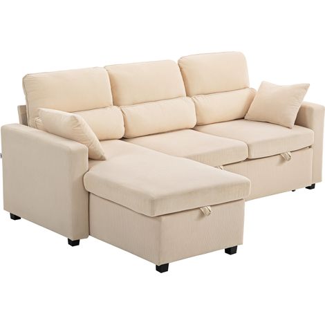 Canapé d'angle convertible Ercole velours côtelé rangement intégré chaise longue réversible beige