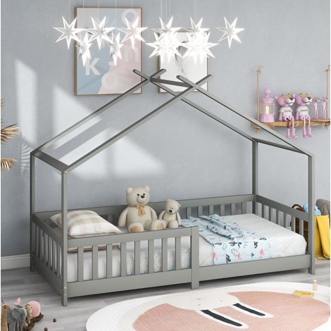 DESVIAE Lit cabane enfant avec barrière de sécurité et sommier à lattes bois massif gris clair 90 x 200 cm (1/5)