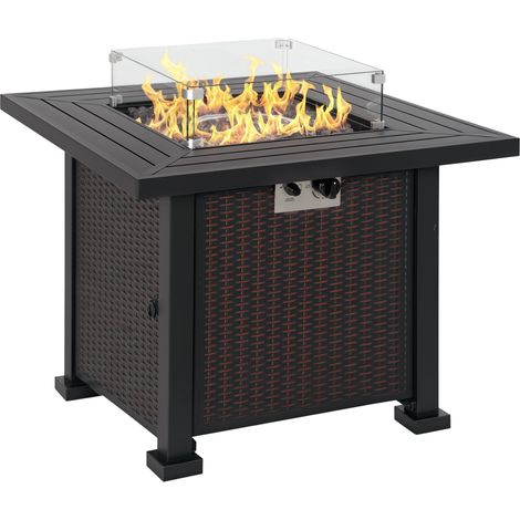 Outsunny Square Propane Gas Fire Pit Table, 50000 BTU Rattan Smokeless Firepit Patio Heater with Glass Screen, Glass Beads and Lid, 81cm x 81cm x 64cm, Black