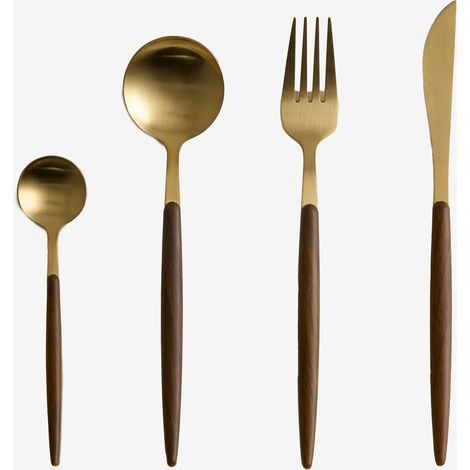 Sklum – Couverts en acier inoxydable 16 pièces – Manche effet bois – Set de couteaux, fourchettes et cuillères – Design élégant pour table (1/5)