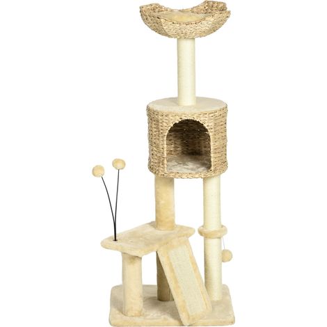 Arbre à chat à étages pour jeux et repos 45 x 40 x 116 cm niche panier scandinave moderne en panneau de particules beige (1/5)