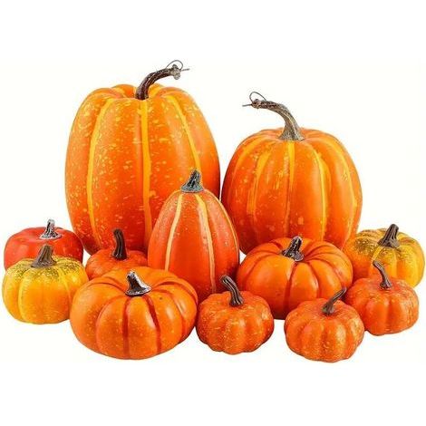 12 Lot de Orange Grande Citrouilles Artificielles de Tailles Assorties pour Décoration de Table,Automne,Vacances,Halloween, Thanksgiving
