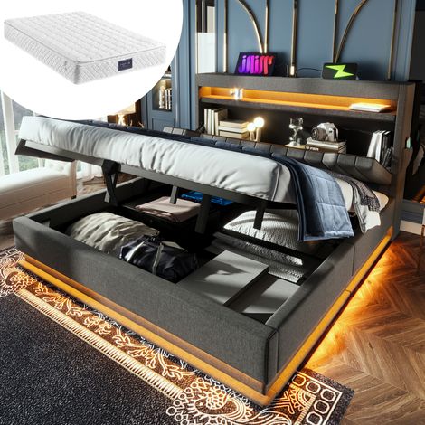 Polsterbett Leinen Grau 140x200 cm mit Matratze, LED-Beleuchtung, Stauraum-Kopfteil, USB/Type-C und hydraulischem Bettkasten
