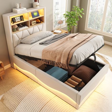 Letto per bambini 90×200 cm con vano contenitore idraulico, striscia LED controllabile tramite app, porta di ricarica USB, rete a doghe in metallo, copriletto in lino, colore beige.