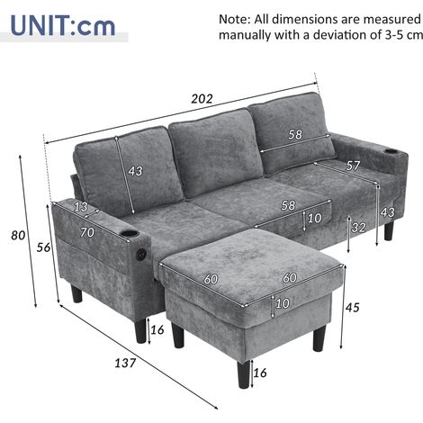 Divano Angolare a L 202x137x80 cm in Lino Grigio con USB e Type-C – MEUBLIV per Spazi Piccoli (1/5)