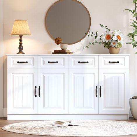 Sideboard Weiß 160 cm Modern Kommode mit 4 Schubladen & 4 Türen, Geriffelte Anrichte aus MDF, Mehrzweckschrank für Wohnzimmer & Küche