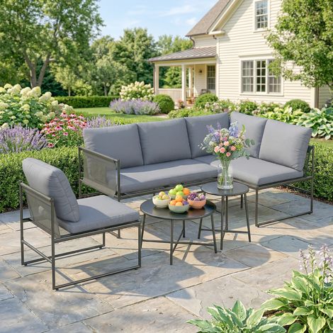 Ensemble de mobilier de jardin lounge pour 4 à 5 personnes, comprenant un canapé de jardin 2 places, une table basse, une chaise et des coussins épais lavables.