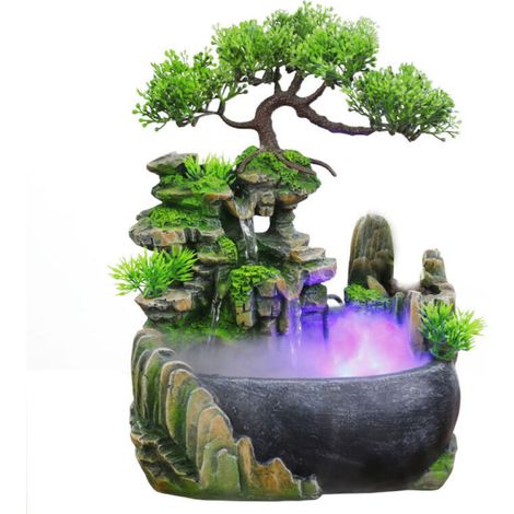 Fontana da interno con illuminazione, piante e pietre decorative, fontana decorativa da interno, fontana da tavolo Zen con luce LED, fontana Feng Shui per casa e ufficio
