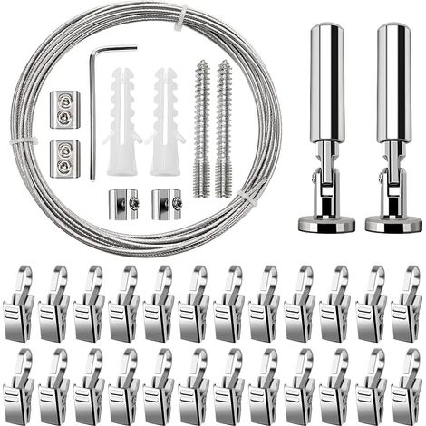 5m Tringle à rideaux Kit, avec 24 Pièces Acier Inoxydable An Crochets, Câble en Acier pour Rideau, pour Accrocher Photos, Images, Notes, Rideau, Décoration Murale d'art de Pépinière (1/5)
