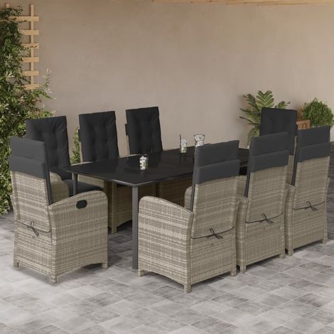 9-tlg. Garten-Essgruppe mit Kissen Hellgrau Poly Rattan