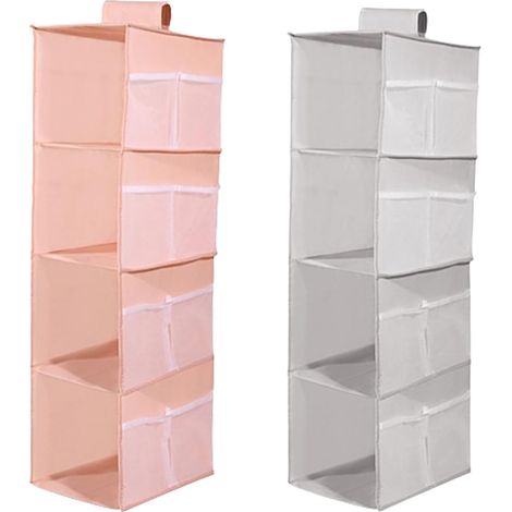 2 hängende Schrankregale, 4 Fächer, 12 Seitennetztaschen, grau und rosa