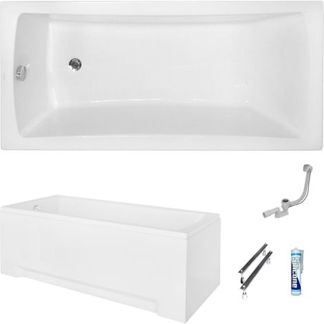 ECOLAM Baignoire rectangle Optima 160x70 cm  tablier en acrylique  pieds siphon + silicone  Baignoire acrylique blanc (1/5)