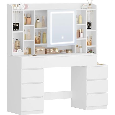 Toeletta con Specchio e Illuminazione a LED, Toeletta da Trucco con 8 Cassetti e 11 Scomparti Aperti, Luminosa Regolabile, Tavolo da Trucco, Bianca (1/5)