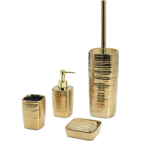 GEDY Set Bagno 4 Pezzi Kelly Color Oro, Dosasapone 240 ml, Scopino con Ciuffo in Setole, Portaspazzolino, Portasapone, Accessori Bagno Realizzati in Ceramica (1/4)