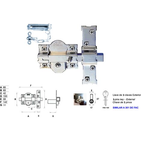 Cerrojo AVL 301-R-80 europerfil 50mm con cadena llave/botón 3 llaves