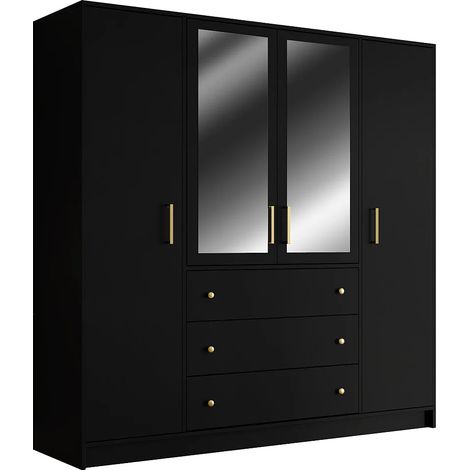 Armadio 4 ante e 3 cassetti Con specchi L196 cm Nero - LIZANDRO (1/5)