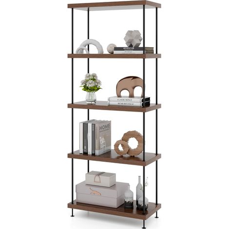Costway – Bibliothèque industrielle 5 niveaux – Cadre en métal robuste – Dimensions 29,5 x 60 x 147 cm – Capacité 20 kg par étagère – Noyer (1/5)