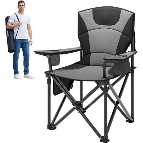 Chaise De Camping XXL 200 kg, Assise 64 cm, Dossier Rembourré, Accoudoirs Réglables, Porte-gobelet, Sac De Transport Inclus, Noir (1/5)