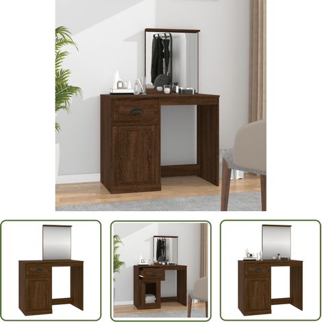 The Living Store Coiffeuse et miroir chêne marron 90x50x132,5 cm bois ingénierie - Coiffeuse - Meuble De Salle De Bain - Table De Maquillage - Vanity - Miroir (1/5)