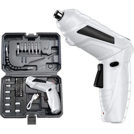 Cordless Drill Driver 3.6Nm, 1800mAh 3.6V Screwdriver + 47 Accessories, 2 Rotation Directions + LED Light, USB Charging Cable, Ideal for Tradespeople, Furniture and Toy Assembly (White) (1/4)