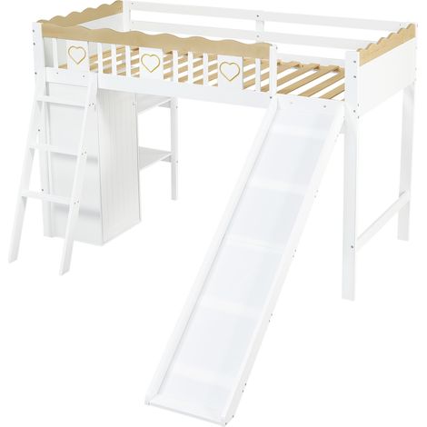 Kinder-Hochbett mit Rutsche, Kleiderschrank, Kiefer, MDF, Sperrholz, 90x200 cm, Weiß/Natur (1/5)