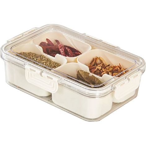 Boîte de rangement en plastique à compartiments multiples pour réfrigérateur, idéale pour les raviolis, les légumes, les fruits et les épices (petit format, 4 compartiments). (1/5)