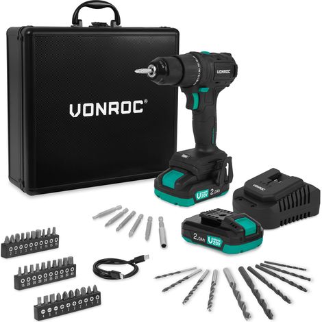 PRO Akku-Bohrschrauber 20V – Bürstenloser Motor – 40Nm  Inkl. 2x 2,0Ah Akkus, Ladegerät und 46 Zubehörteile im Premium-Koffer