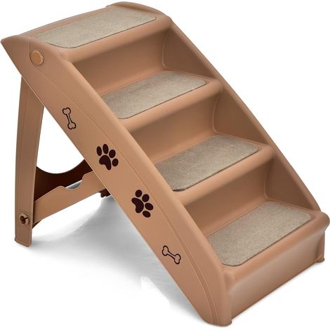 COSTWAY Escalera de Plástico Plegable para Mascotas con 4 Peldaños, Fieltro Blando, Ideal para Mascotas de Talla Pequeña y Mediana (marrón)