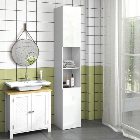 Meuble colonne de salle de bain 2 placards avec étagères réglables + 2 niches 30 x 30 x 181.5 cm blanc