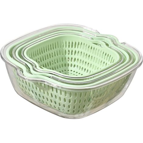 Cesta para verduras y cesta escurridora, fabricadas en plástico, fáciles de limpiar, juego de tres piezas de color verde (tamaños grande, mediano y pequeño). (1/5)