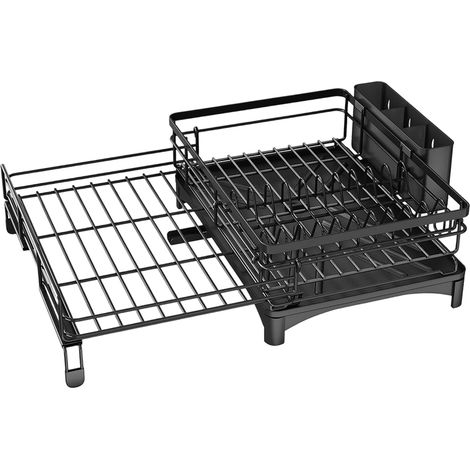 Égouttoir à vaisselle extensible, grand égouttoir pour évier et plan de travail, passoire en acier inoxydable avec porte-ustensiles, noir (1/5)