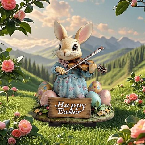 Décoration De Sol - Lapin Violon - Pour Jardin Extérieur Cour - Résistant Aux Intempéries - 1 Pièce (1/3)