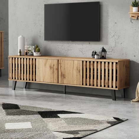 Meuble TV 180x40x55 cm couleur bois naturel en panneau de particules avec 8 compartiments et portes (1/5)