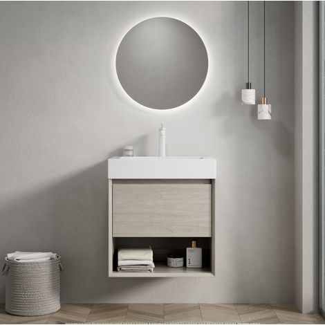 Mobile bagno sospeso 55 cm con lavabo in resina bianco e mobile in multistrato effetto rovere chiaro (1/5)