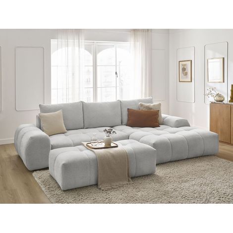 BOBOCHIC - Canapé d'angle convertible coffre EVEREST tissu chiné avec pouf Angle droit Gris clair (1/5)