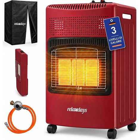 Relaxdays Stufa a gas, 3 piastre in ceramica, 1500-4200 W, acciaio, ruote, per bombole, interno/esterno, rossa (1/5)