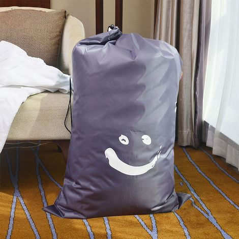 Sac à linge cylindrique en nylon avec cordon de serrage, gris foncé, motif souriant, idéal pour la maison, les voyages, le linge sale, les couvertures et les livres. (1/5)